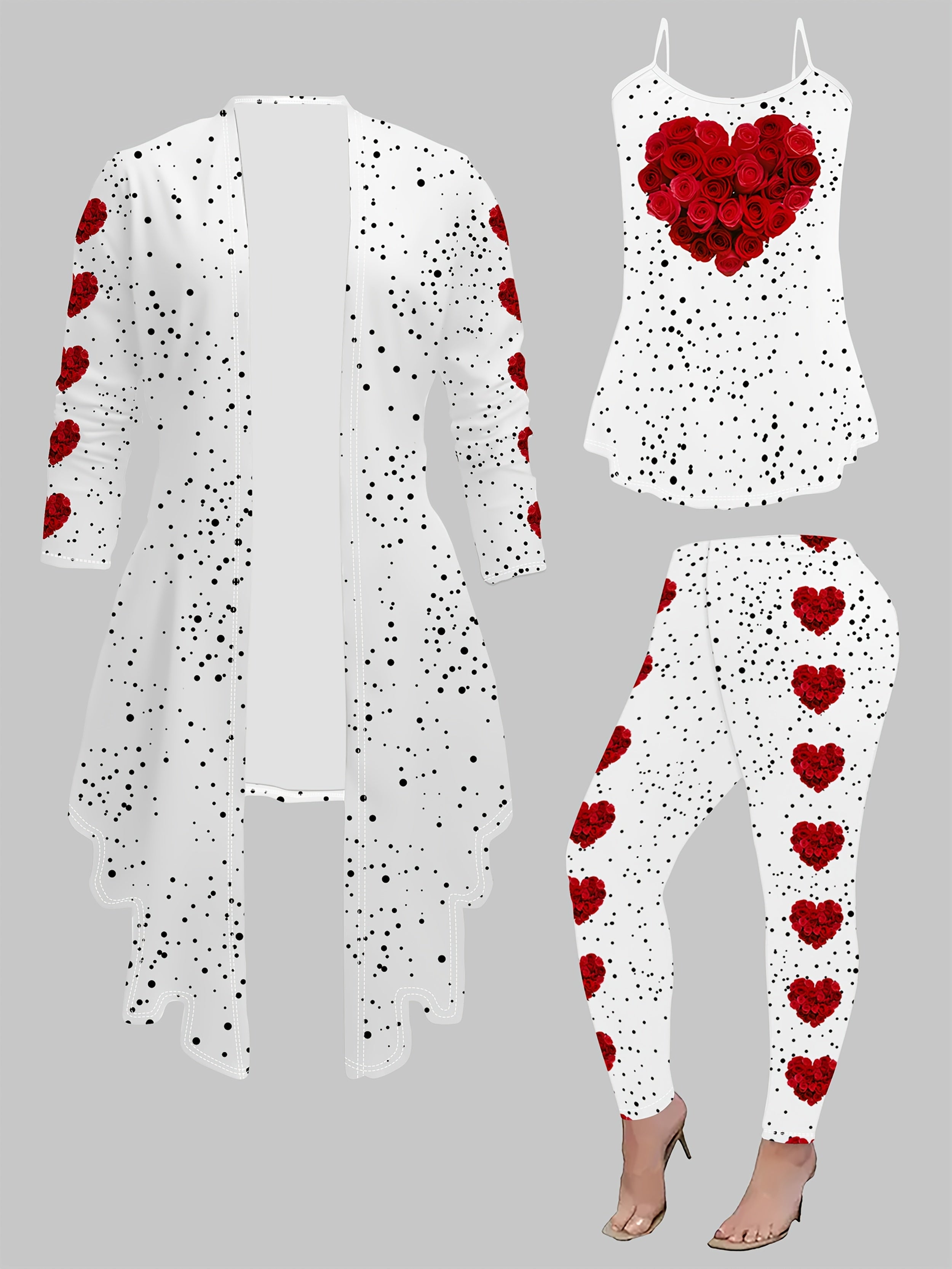 Elegant 3pcs Valentine's Day Outfit Set - Polyester Knit Fabric Crew Neck Top and Pants - 95% Polyester, 5% Spandex, All Over Heart & Rose Flower Print, Versatile All-Season Wear